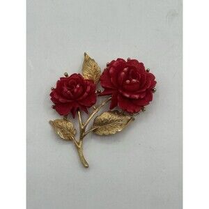 Vintage Retro Dark Red Roses plastic Flower Brooch with Metal Stems & Leaves